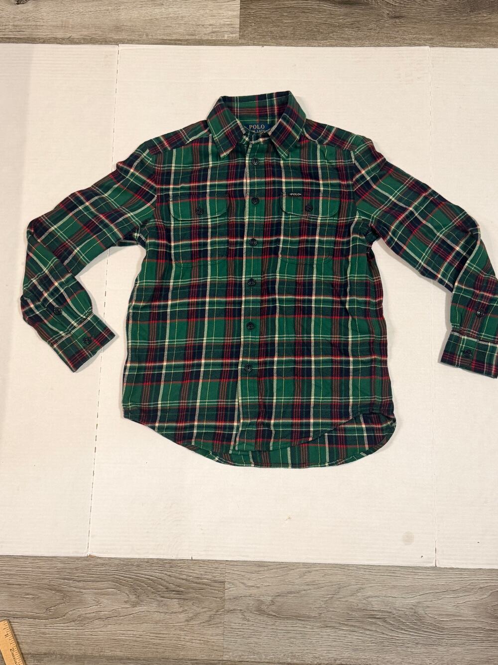 Polo Ralph Lauren Boys M 10-12 Green Plaid Flannel Shirt Tartan Button Up